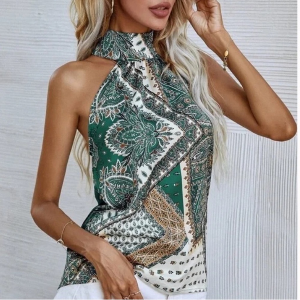 Boho Paisley Floral Print Satin Halter Tank Top - Picture 15 of 15